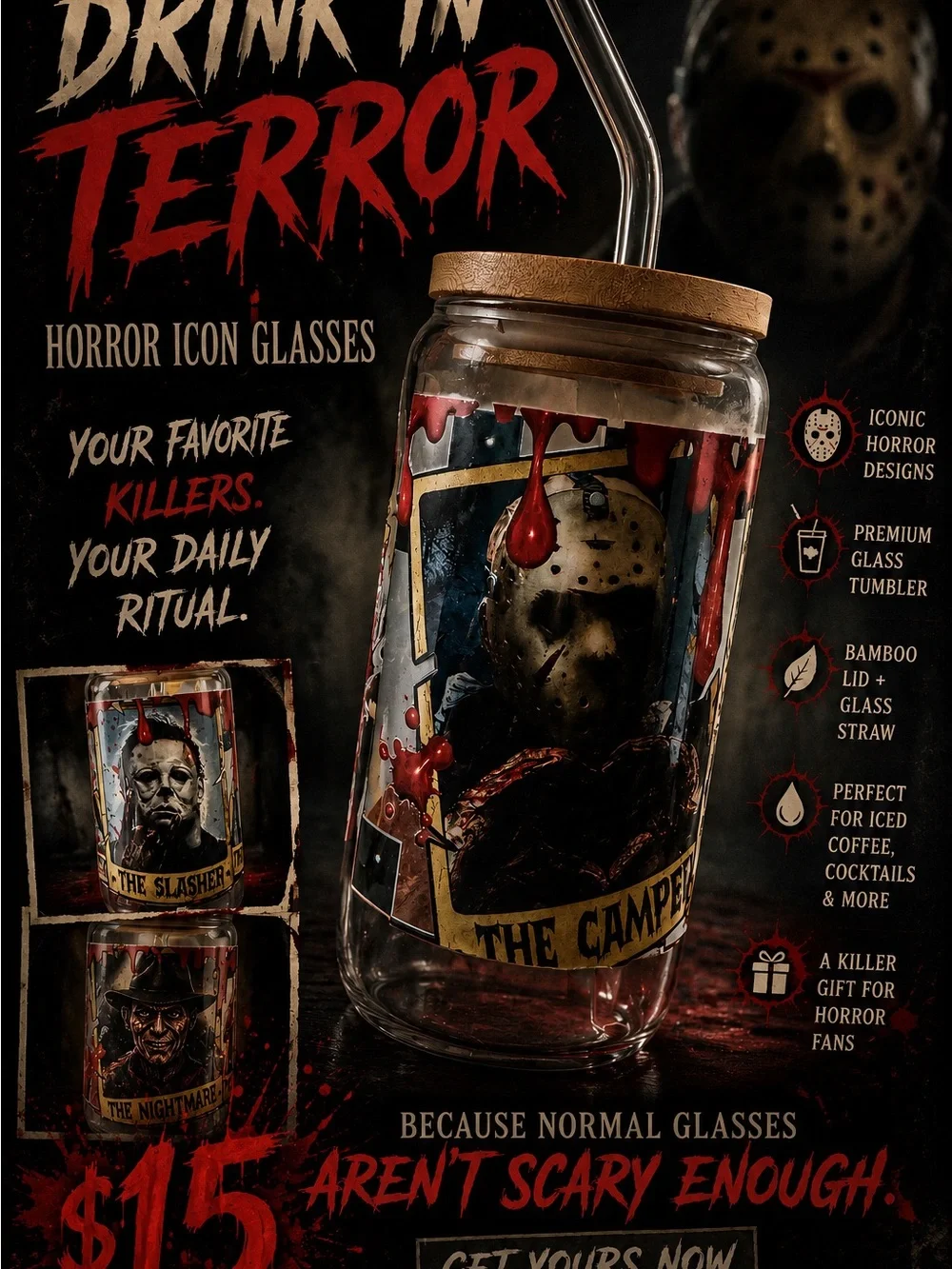 Horror Icon Glass Tumbler - Jason Voorhees Design - Black, Red, Cream